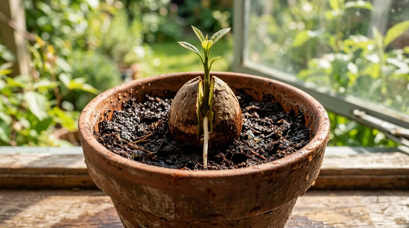 Caroço de abacate brotando num vaso de barro com raiz branca e broto verde