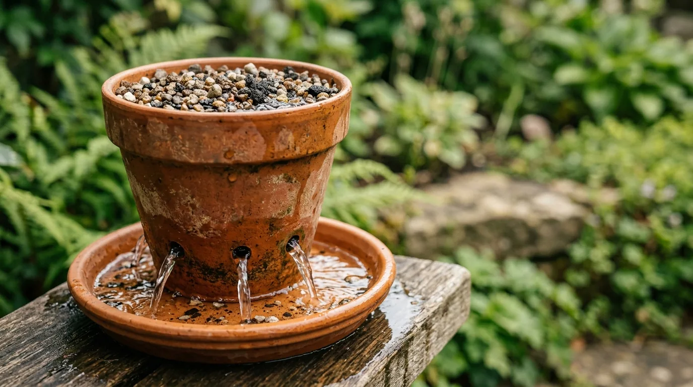 Água escorrendo pelos furos de um vaso de terracota com substrato drenante