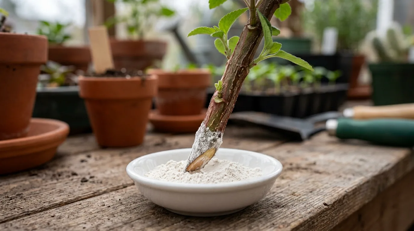 Base de uma estaca semilenhosa apoiada num pratinho com pó enraizador branco