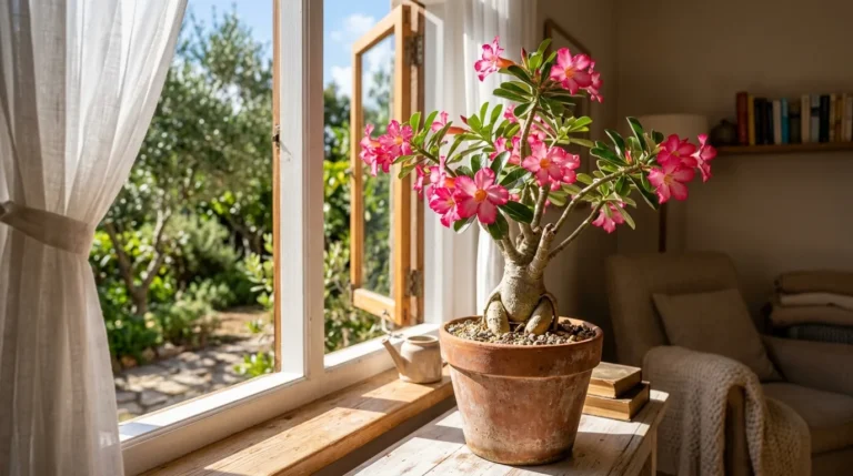 Rosa do deserto florida em vaso de barro no parapeito de uma janela ensolarada dentro de casa