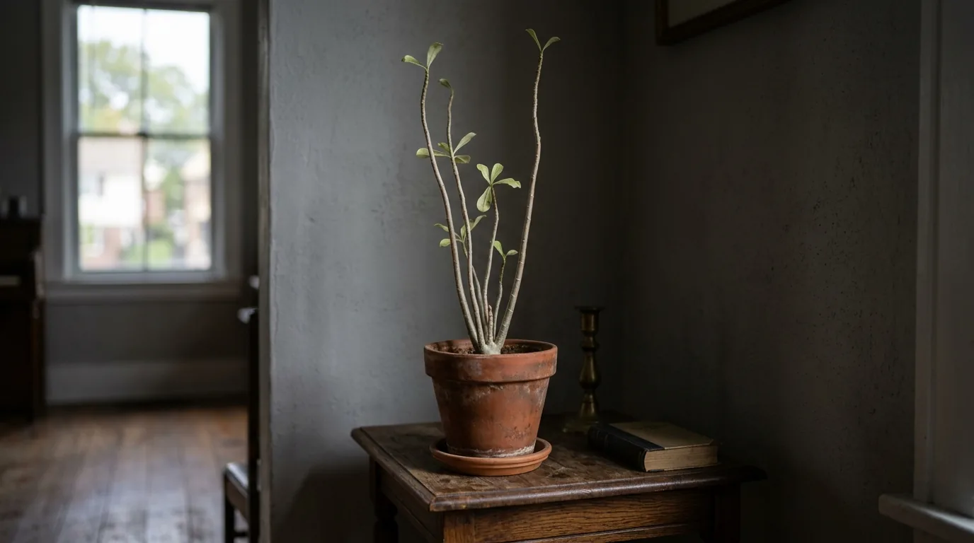 Rosa do deserto estiolada, com galhos finos e compridos e poucas folhas, num canto escuro da sala