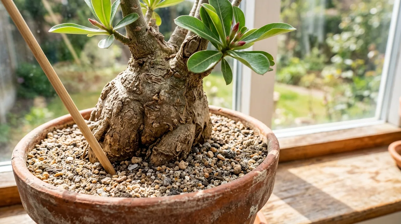 Caudex de rosa do deserto em vaso com substrato pedregoso e um palito de madeira para conferir a umidade