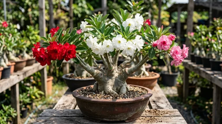 Rosa do deserto enxertada com flores dobradas vermelhas, brancas e rosa na mesma planta, em vaso num viveiro