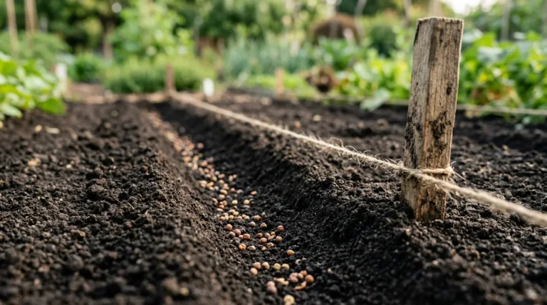 Sementes distribuídas num sulco raso do canteiro, com estaca de madeira e barbante marcando a linha