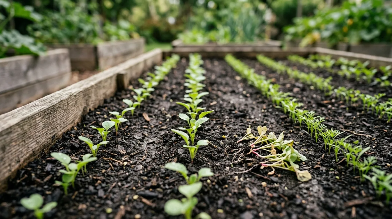 Linhas de cenoura e rabanete recém-nascidos no canteiro, com plantas arrancadas no raleio ao lado